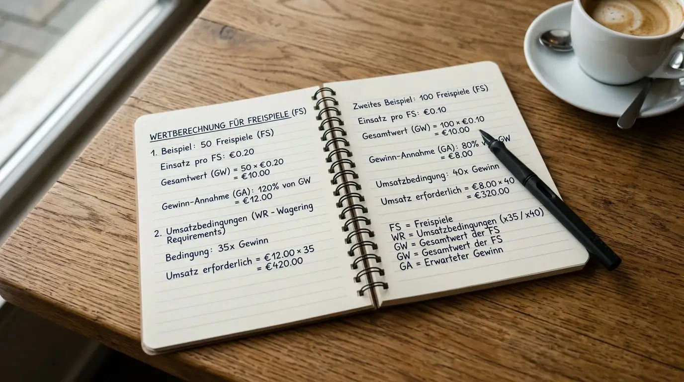 Notizblock mit handschriftlichen Berechnungen zu Freispiel-Wert und Umsatzbedingungen, Stift und Kaffeetasse auf Holztisch