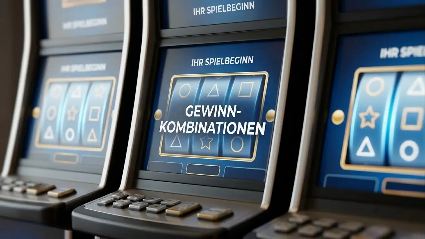 Drei verschiedene Spielautomaten-Bildschirme nebeneinander mit generischen Walzen und Symbolen ohne Markennamen