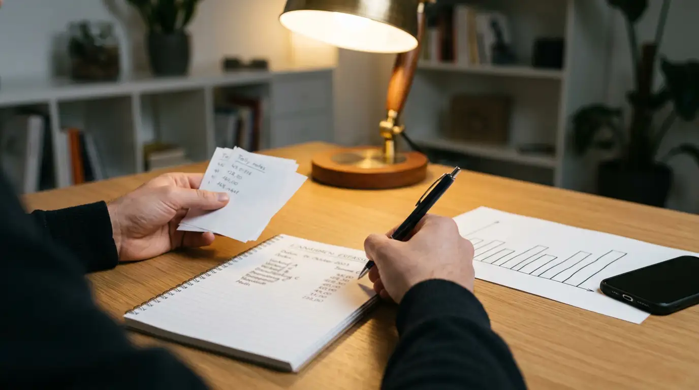 Person rechnet mit Stift und Notizblock den Umsatz eines Freispielbonus aus