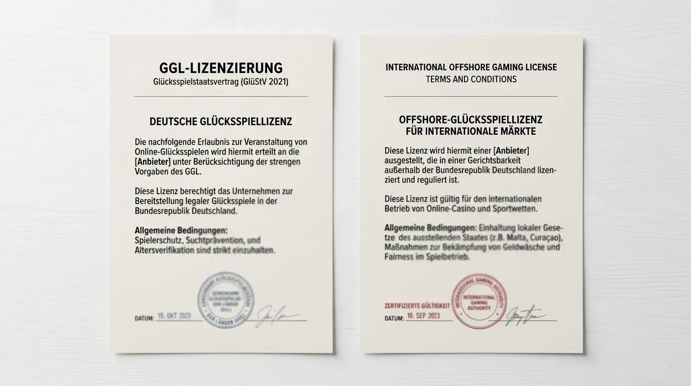 Zwei nebeneinander liegende Dokumente — deutsche GGL-Lizenz und internationale Offshore-Lizenz