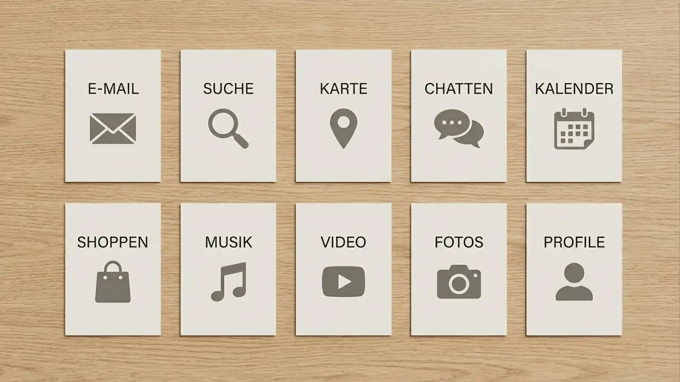 Zehn neutrale Karten mit je einem Anbieter-Symbol auf einer hellen Tischfläche