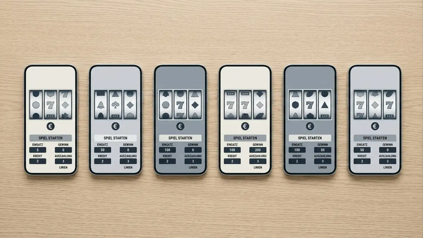Sechs Smartphones in einer Reihe mit abstrakter Slot-Oberfläche und generischem Euro-Symbol