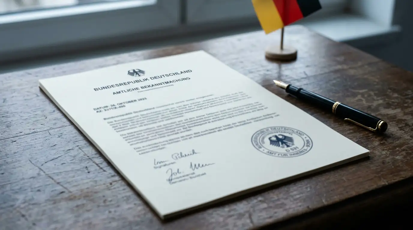 Neutrales Behördendokument mit abstraktem Stempel auf dem Schreibtisch