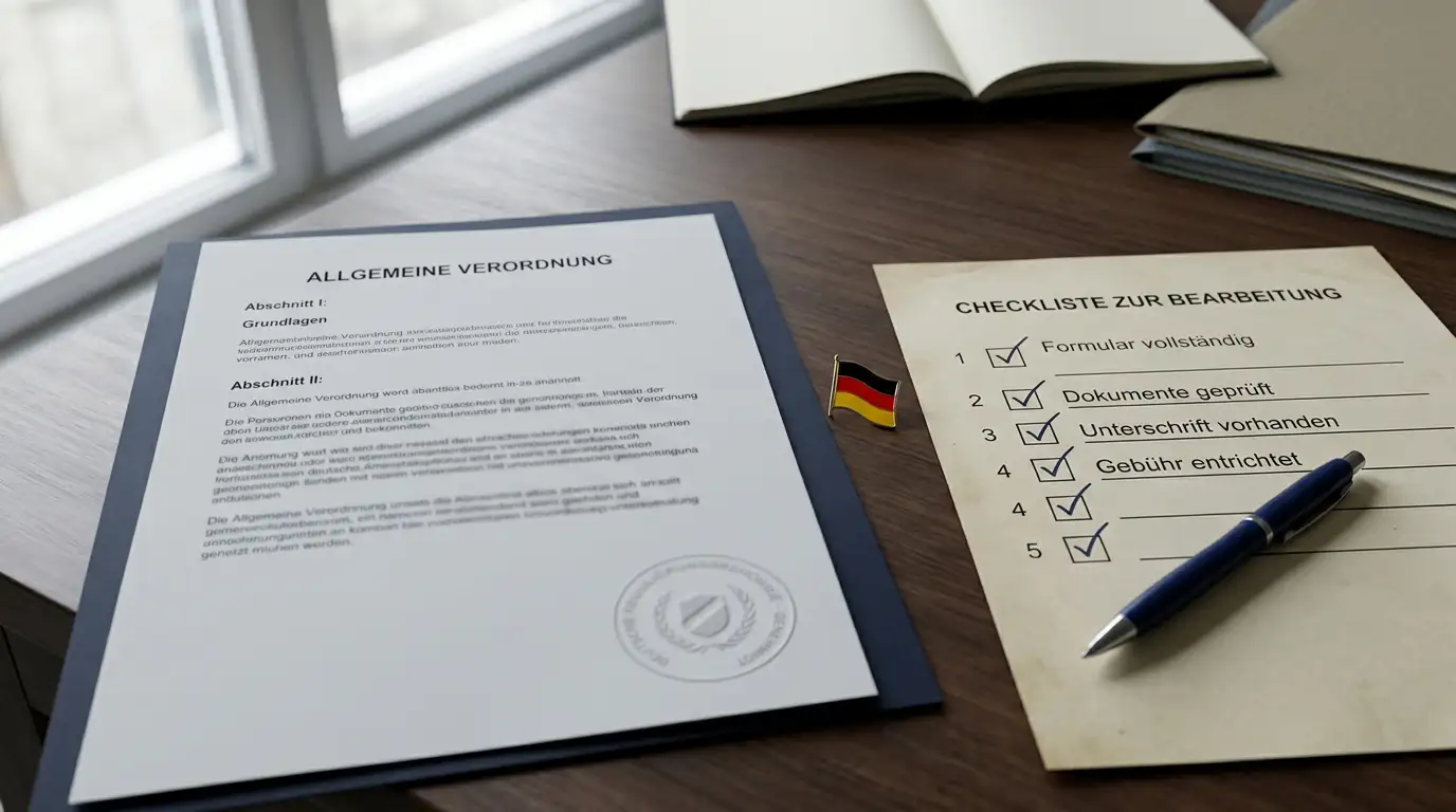 Regulatorisches Dokument mit generischem Siegel neben deutscher Flaggen-Nadel auf dem Schreibtisch