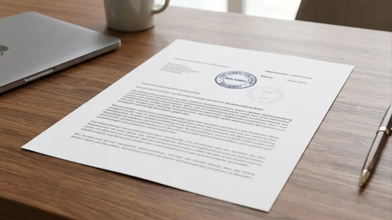 Offizielles deutsches Lizenzdokument mit Stempel auf Schreibtisch