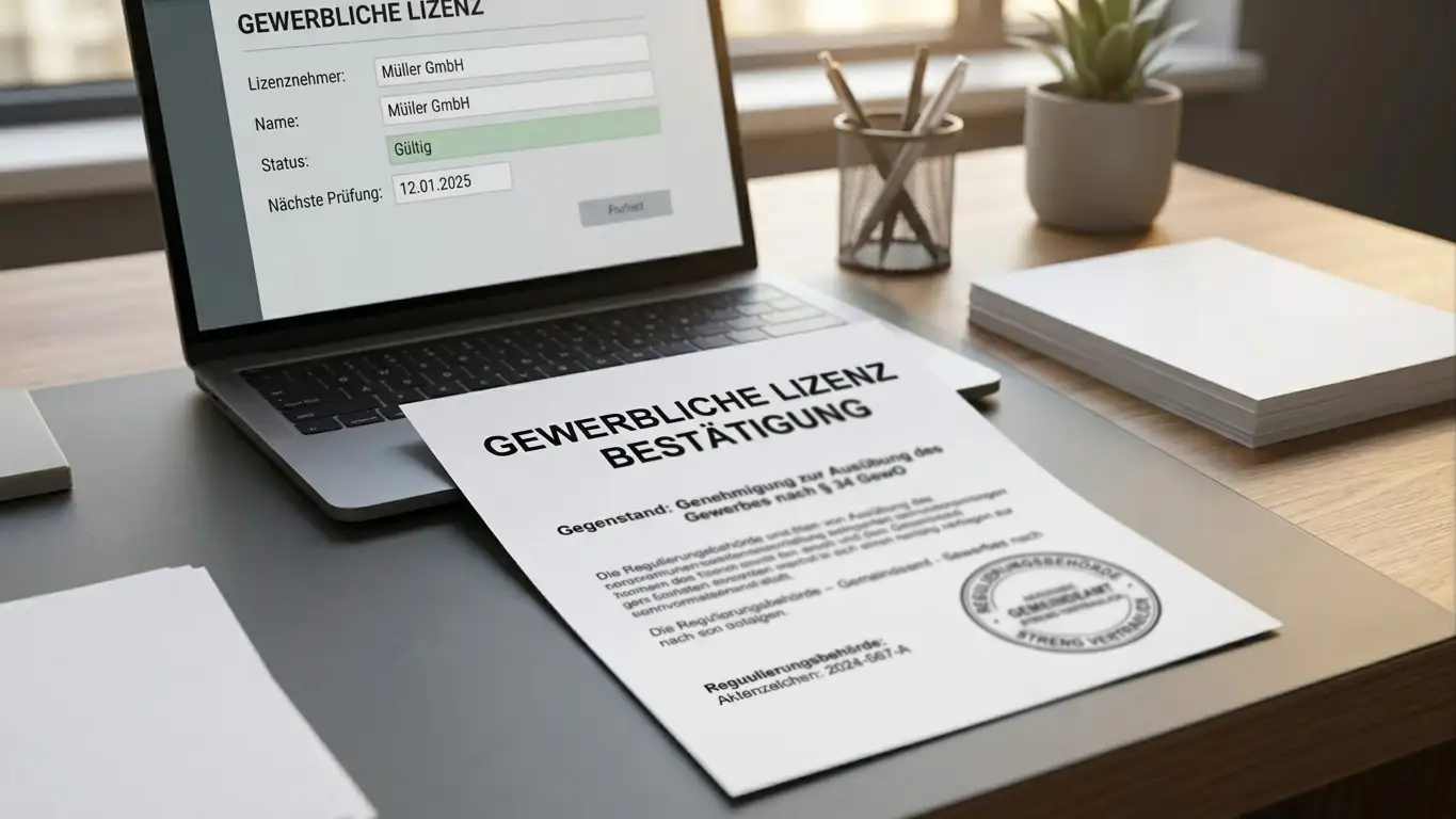 Offizielles GGL-Lizenzierungsdokument auf Schreibtisch mit Laptop