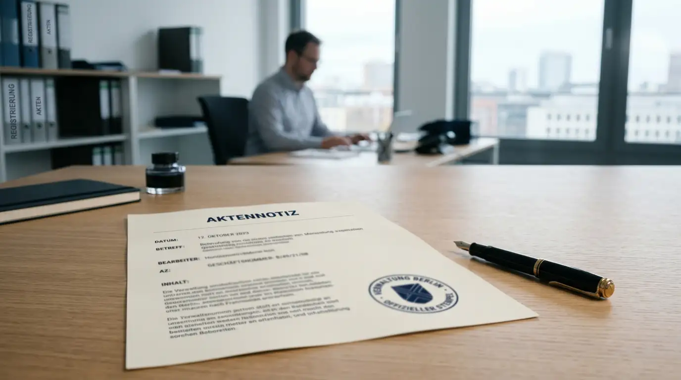 Offizielles Dokument mit abstraktem Siegelstempel und Füllfeder auf sauberem Schreibtisch