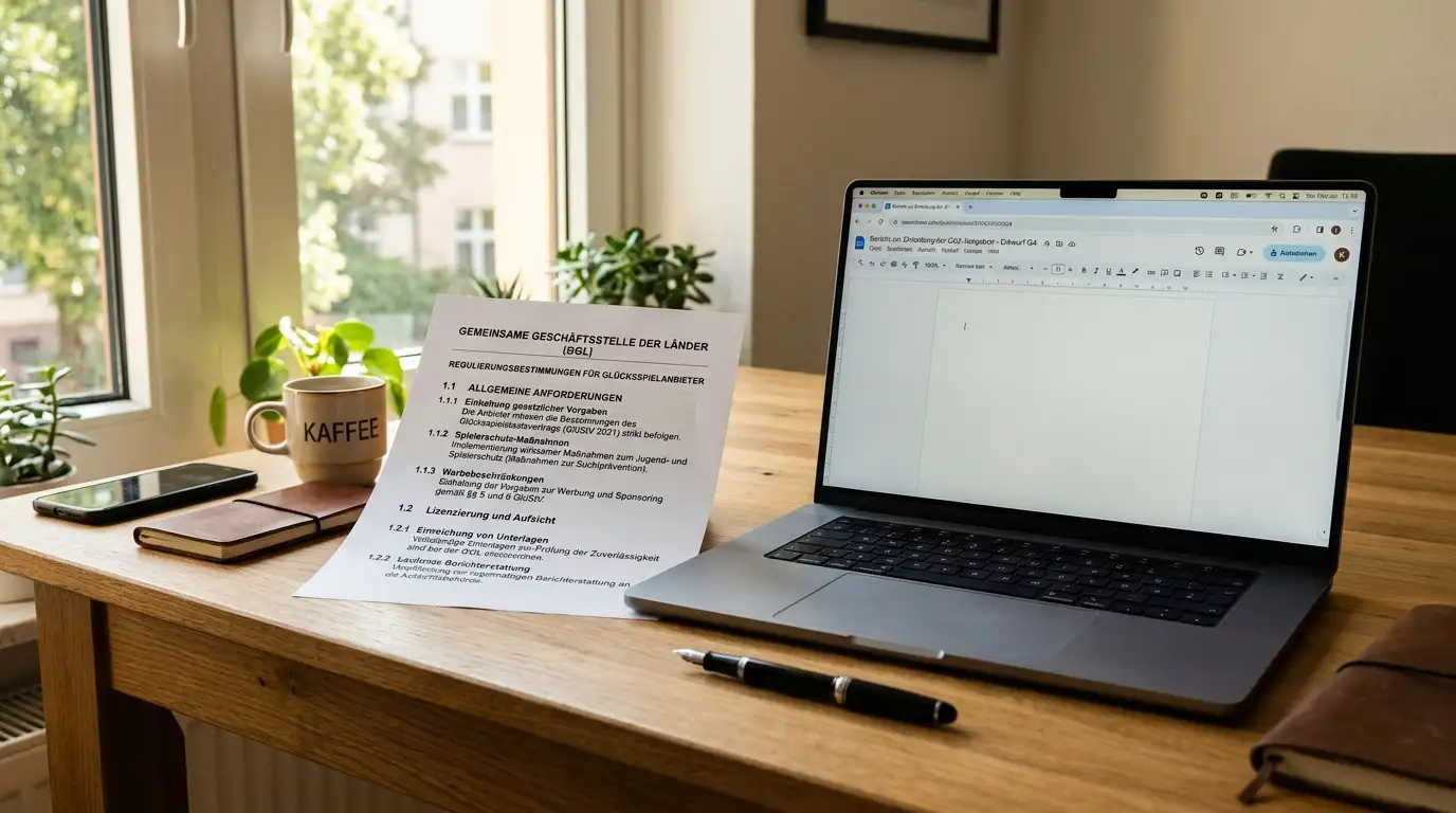 Regulierungsdokument GlüStV 2021 auf Laptop symbolisiert deutsche Glücksspielaufsicht und ihre Auswirkungen auf Casino-Boni