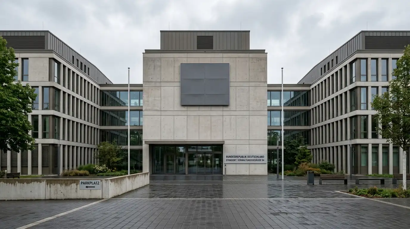 Behördliches Gebäude mit neutraler Fassade und einem Schildbereich ohne Aufschrift