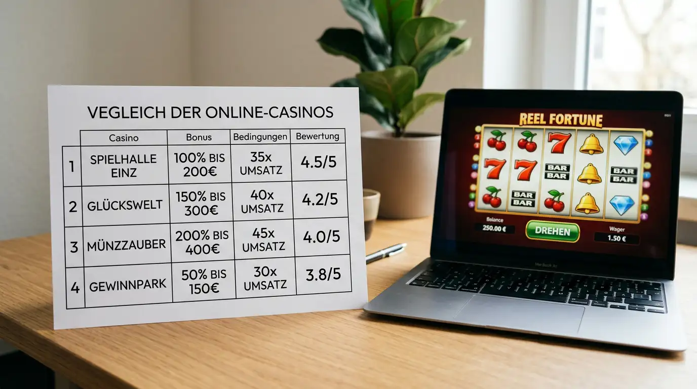 Sauberes Vergleichsdokument mit vier Anbieter-Zeilen auf einem Schreibtisch, daneben ein Laptop mit neutraler Casino-Oberfläche