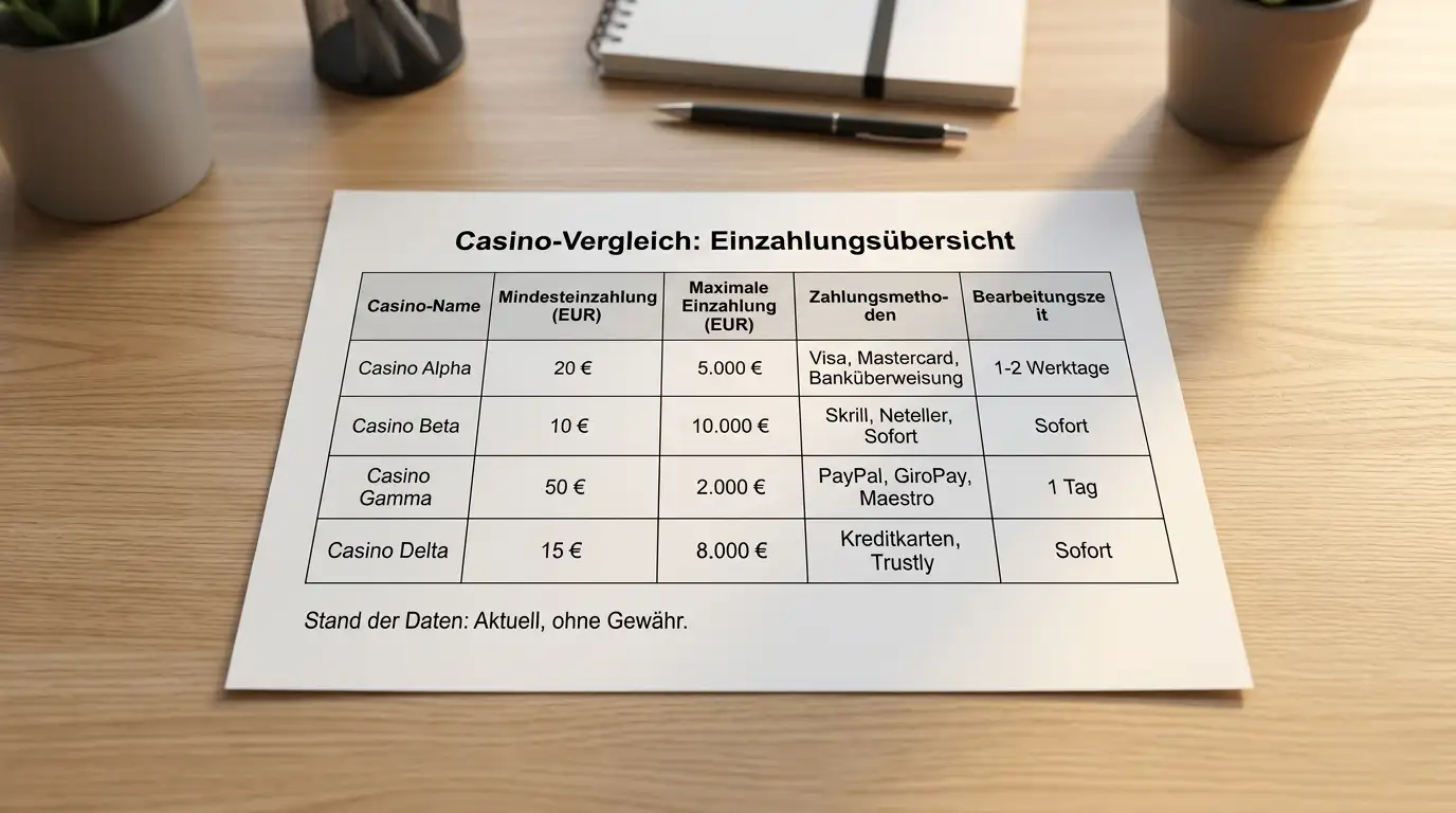 Vergleichstabelle mit GGL-lizenzierten Online-Casinos und ihren Mindesteinzahlungsbeträgen