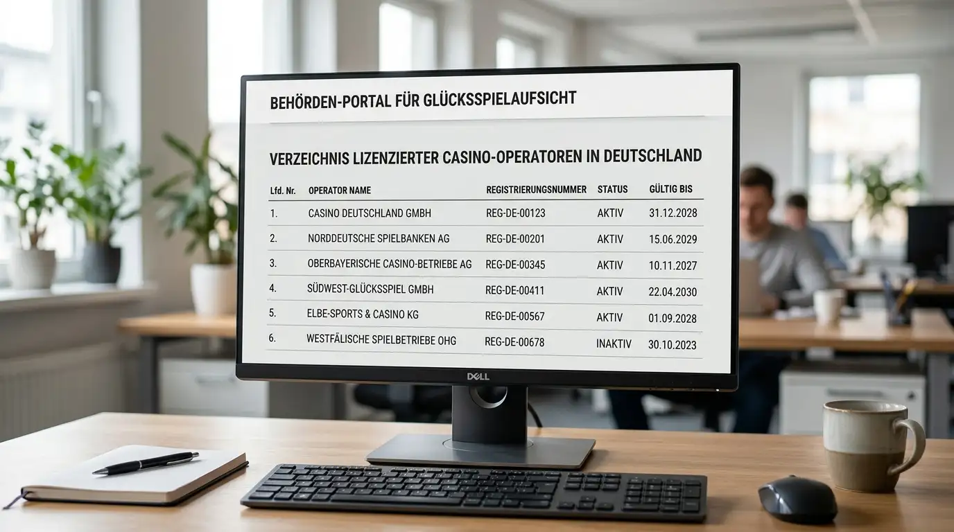 Offizielle GGL-Whitelist auf einem Monitor mit lizenzierten Casino-Namen