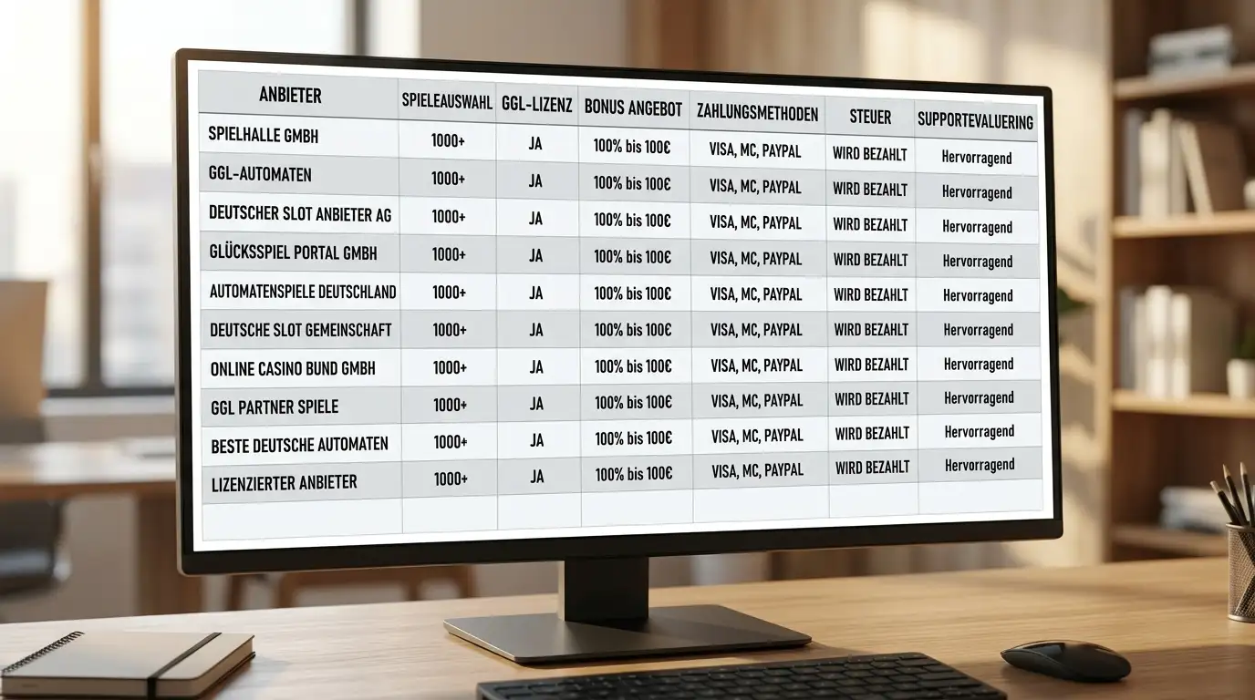 Vergleichstabelle von zehn GGL-lizenzierten Slot-Anbietern auf einem Monitor