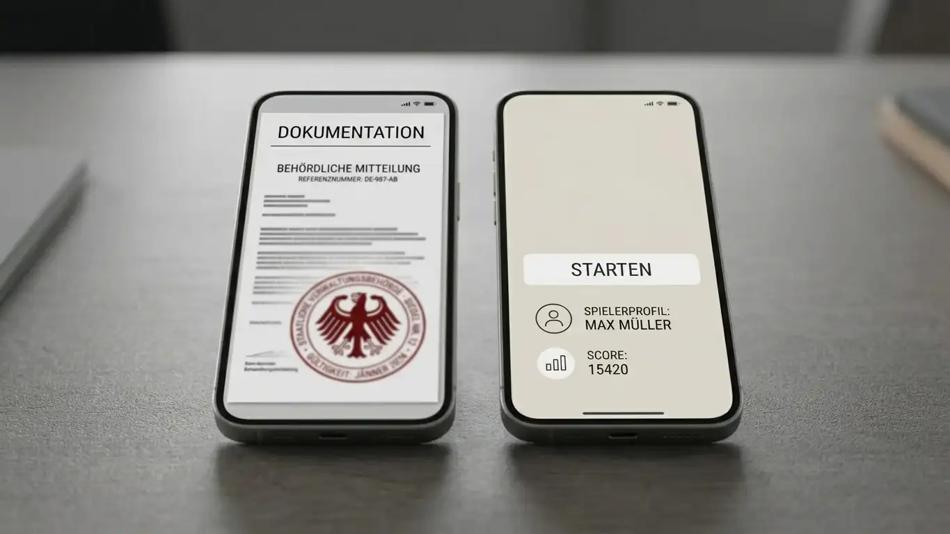 Zwei Smartphones nebeneinander — eines zeigt ein amtliches Dokument mit Stempel, das andere eine Casino-Oberfläche