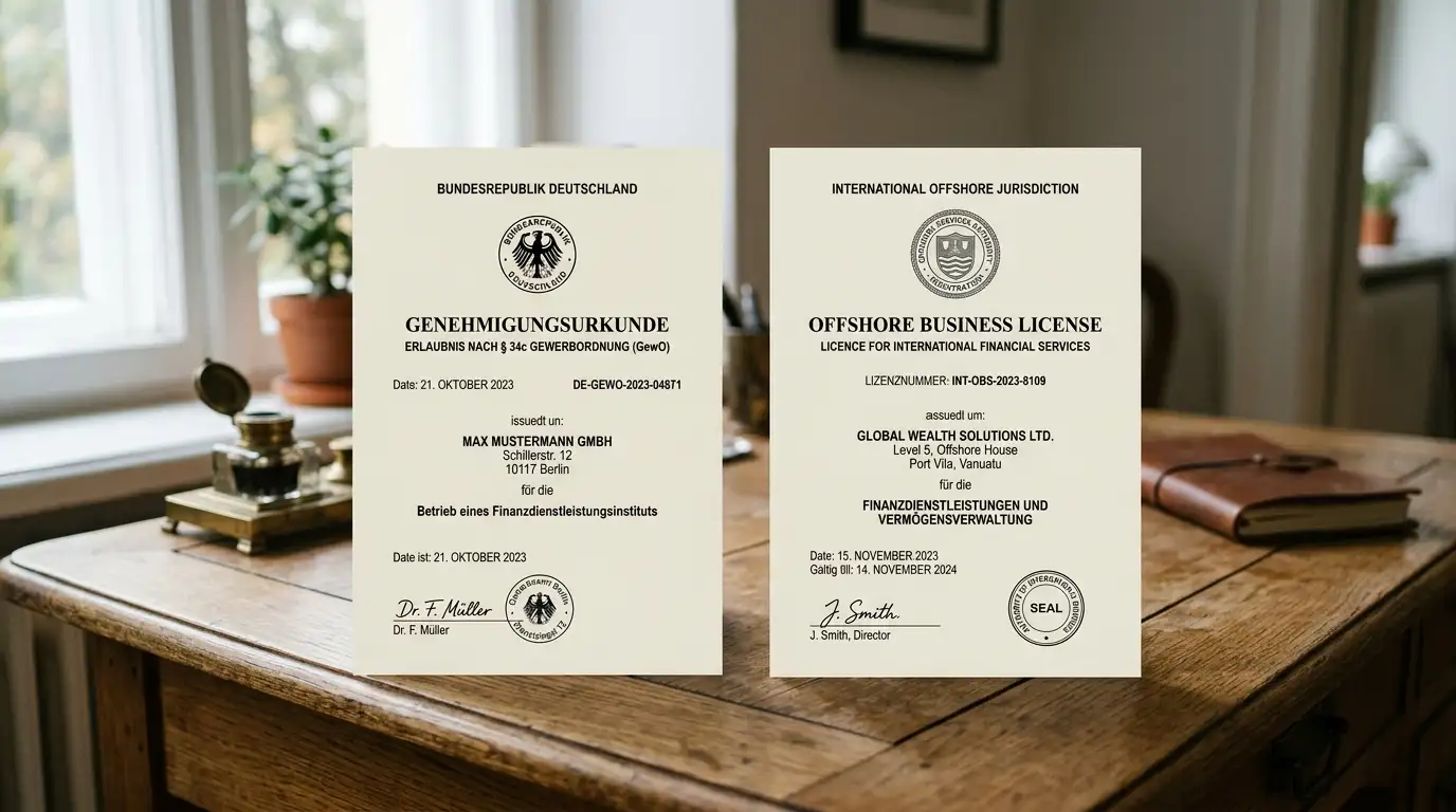 Dokumentenvergleich zwischen deutscher GGL-Lizenz und Curaçao-Offshore-Lizenz auf Schreibtisch