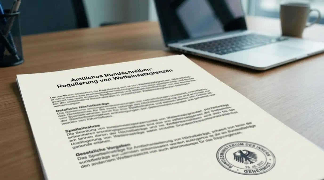 Offizielles deutsches Regulierungsdokument mit GGL-Logo und Paragraphen zum Einsatzlimit auf einem Schreibtisch