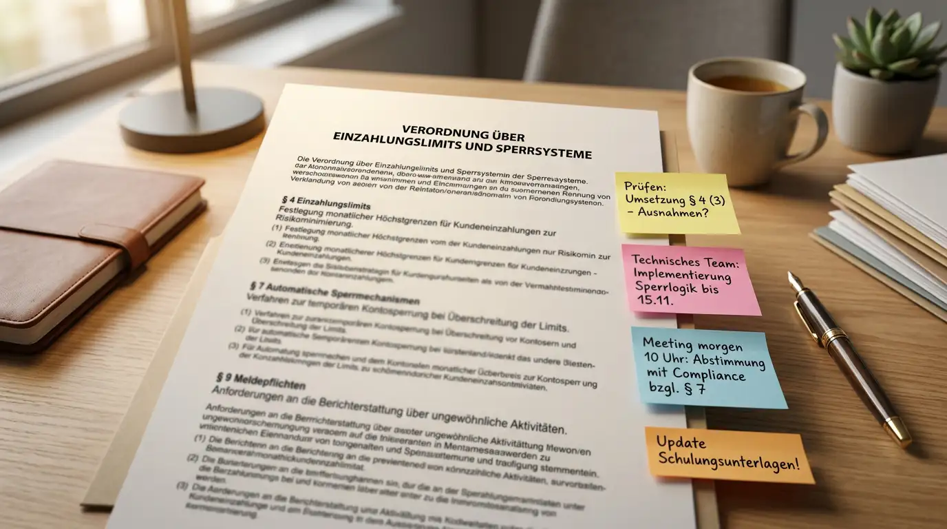 Aufgeräumter Arbeitsplatz mit ausgedrucktem Regelwerk und Notizzetteln zu Einzahlungslimits und Sperrsystemen, indirekte Beleuchtung