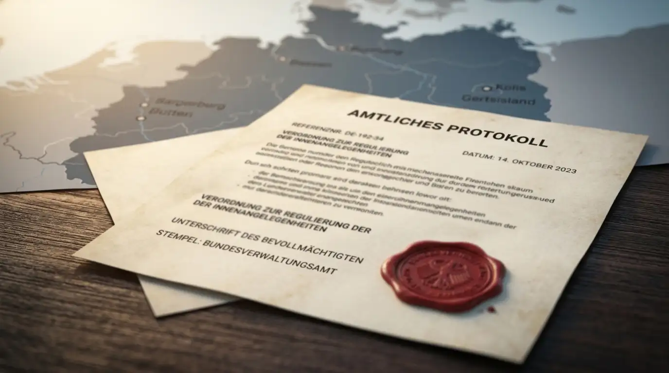 Behördlicher Schreibtisch mit gestempeltem Lizenzdokument und Deutschlandkarte im Hintergrund