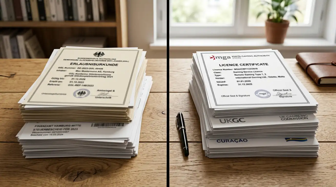 Zwei Dokumentenstapel auf Schreibtisch durch vertikale Linie getrennt, links GGL-Dokumente, rechts internationale Lizenzen