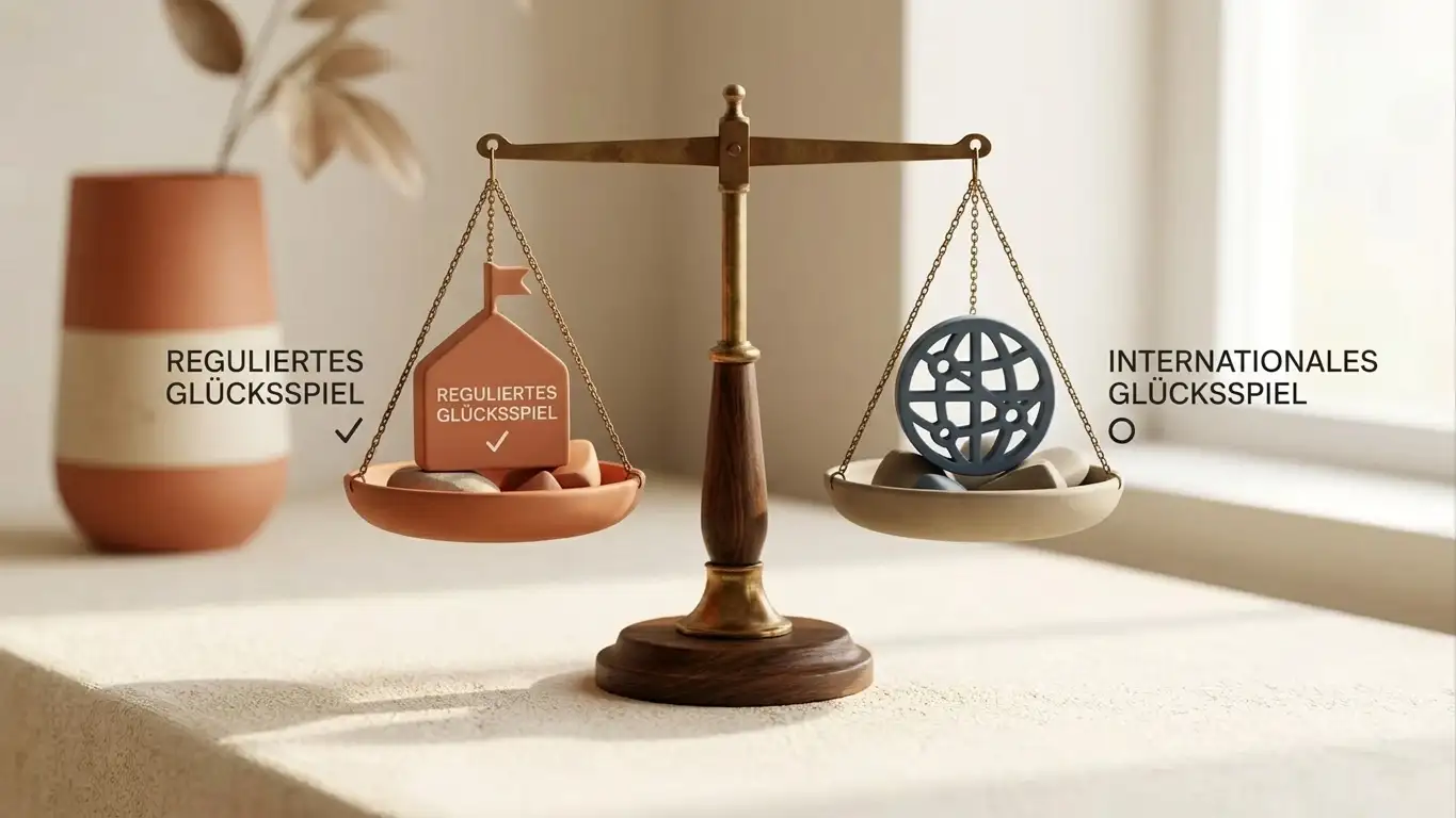 Waage symbolisiert Abwägung zwischen regulierten und internationalen Casinos