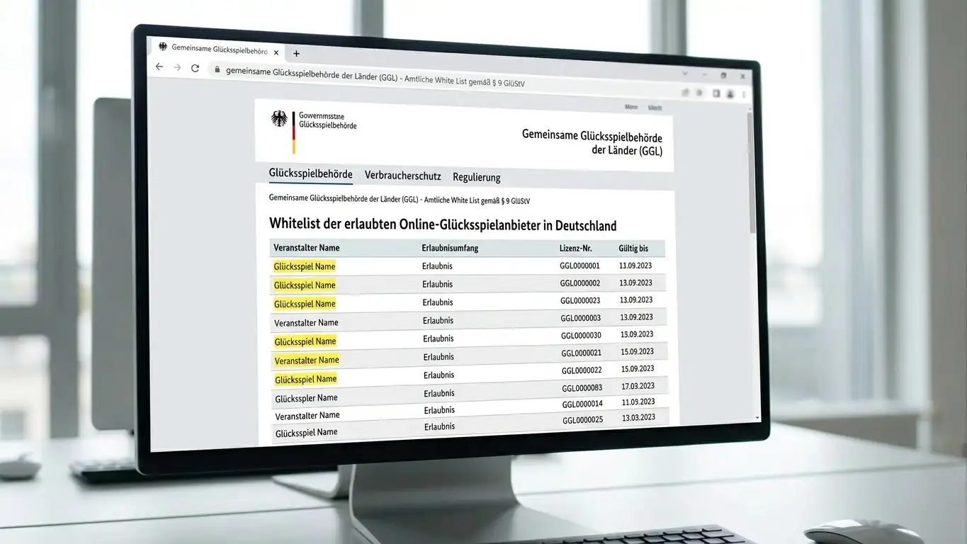 Offizielle GGL-Whitelist auf Bildschirm mit hervorgehobenen Casino-Namen