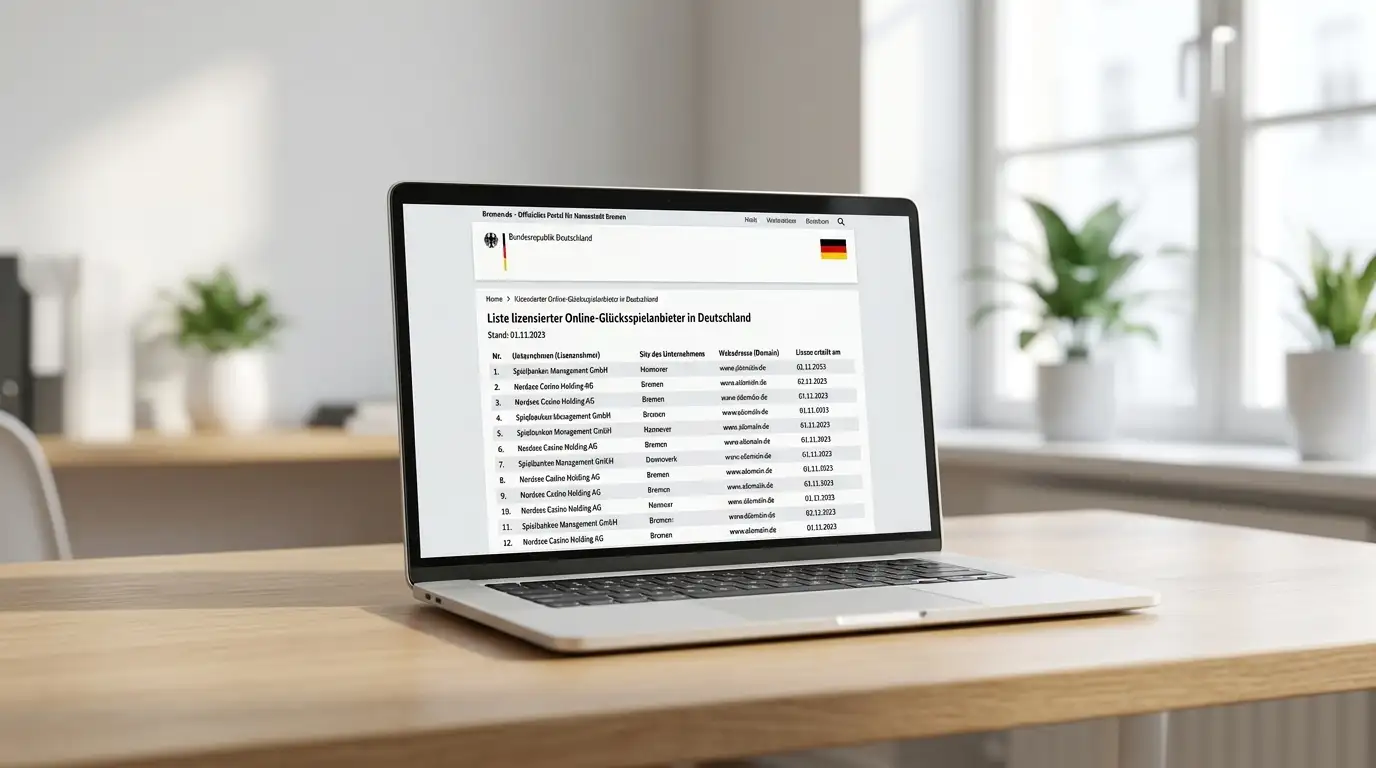 Offizielle GGL-Whitelist auf Laptop-Bildschirm mit deutschen Casino-Lizenzen