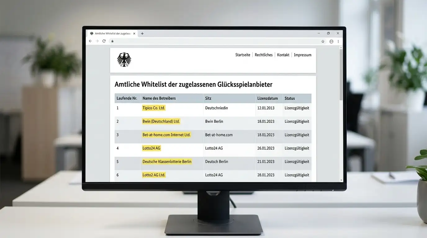 Offizielle GGL-Whitelist auf einem Bildschirm mit hervorgehobenen Betreibernamen