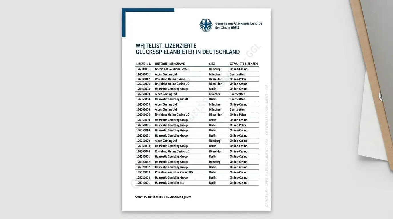 Offizielle GGL-Whitelist-Dokument mit deutschen Casino-Anbietern