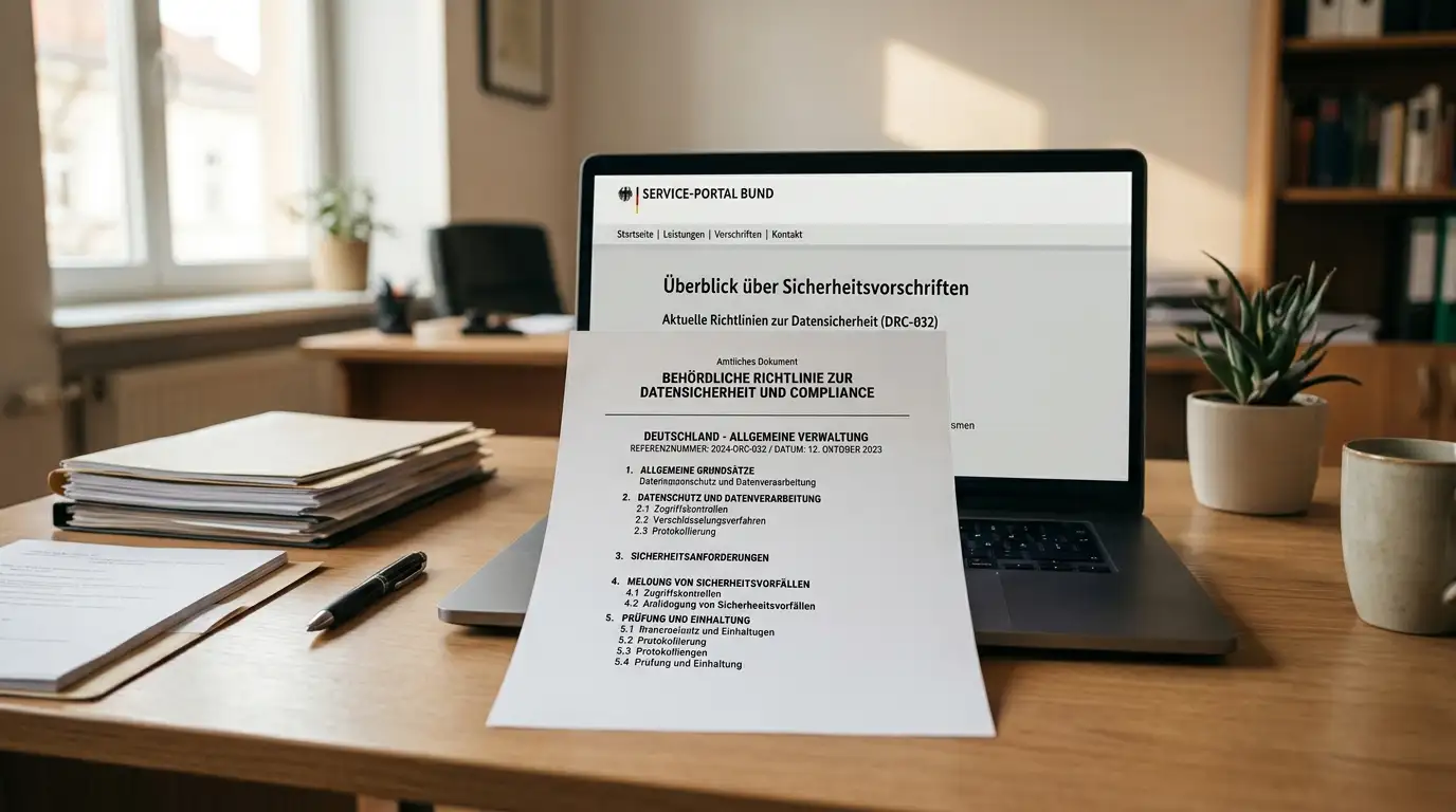 Offizielles Dokument mit Behördenstempel und Laptop mit Regierungsportal