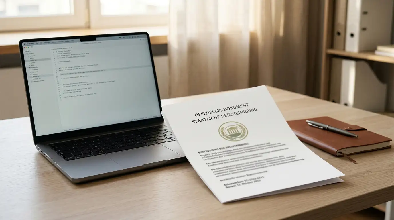 Neutrales offizielles Dokument mit Stempel neben einem Laptop auf einem ruhigen Schreibtisch