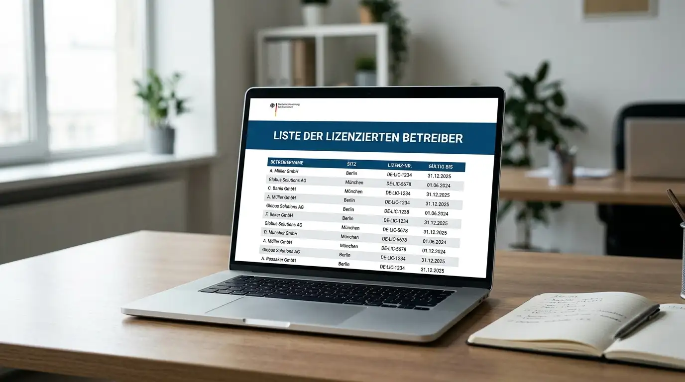 GGL-Whitelist auf Laptop-Bildschirm mit Liste lizenzierter deutscher Online-Casinos
