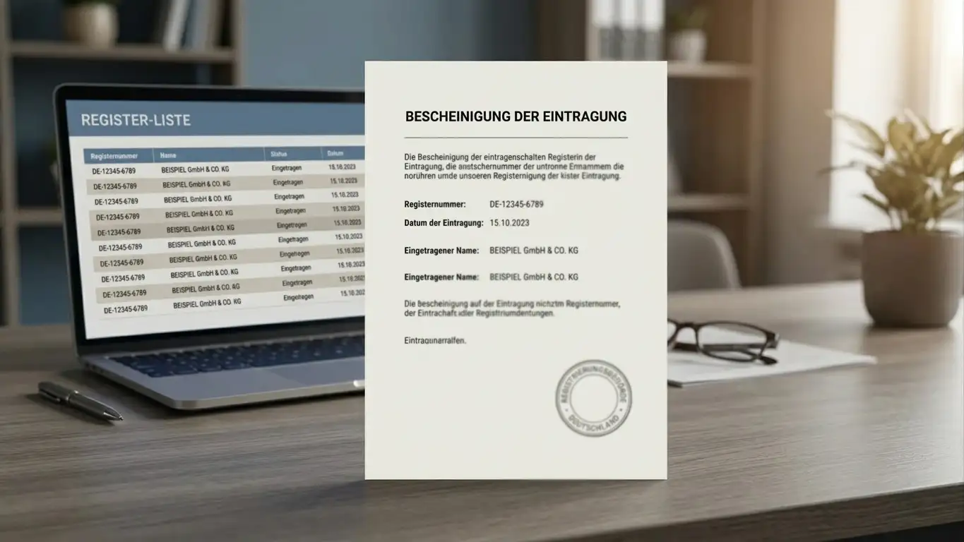 Ordentliches Dokument mit offiziellem Siegelstempel neben einem Laptop, auf dem eine neutrale Whitelist-Seite geöffnet ist