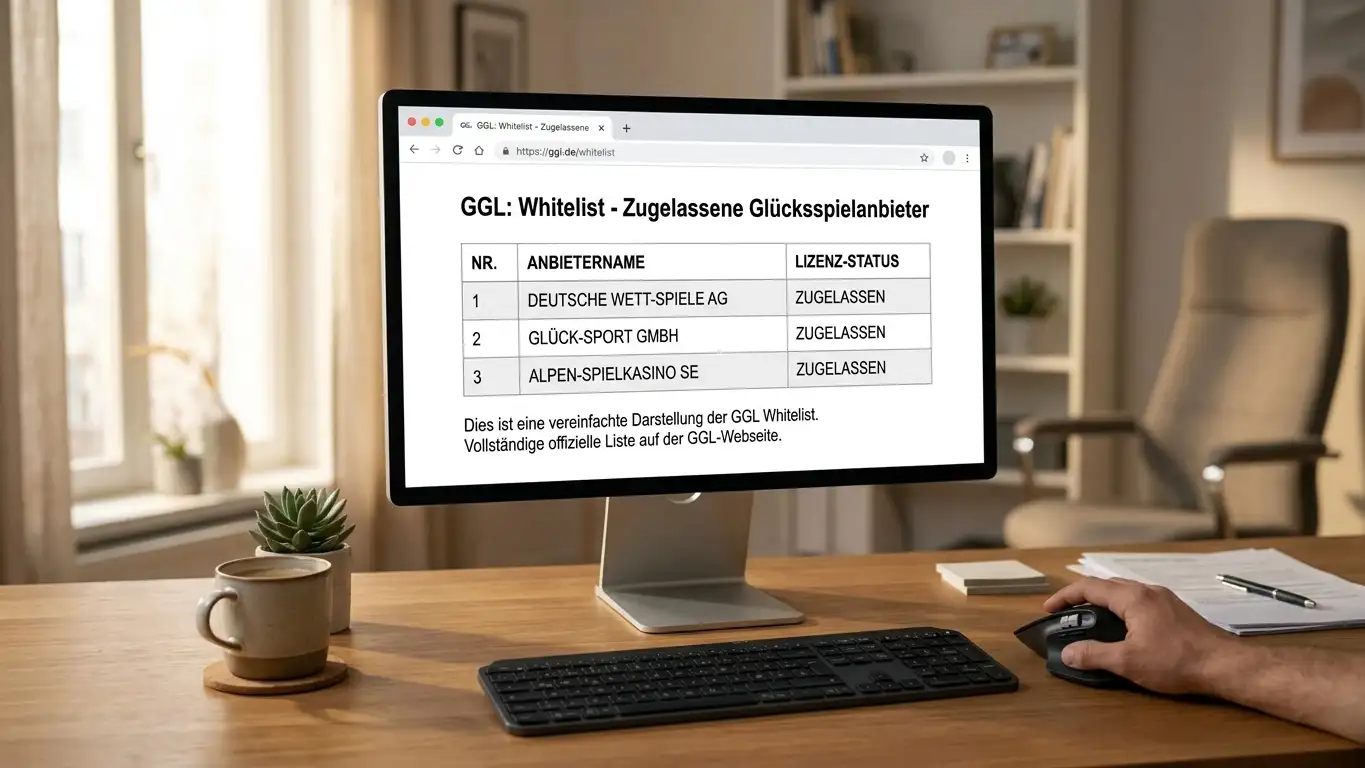 Desktop-Monitor zeigt vereinfachte GGL-Whitelist-Seite mit Anbieter-Tabelle, Hand an der Maus, helles Arbeitszimmer