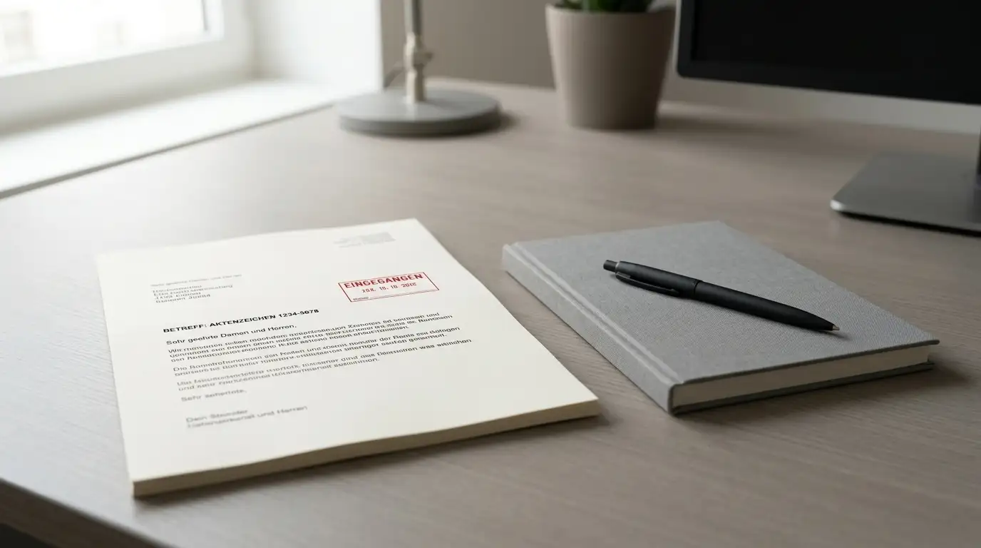 Neutraler Schreibtisch mit abgestempeltem Lizenzdokument und Notizbuch ohne erkennbare Siegel