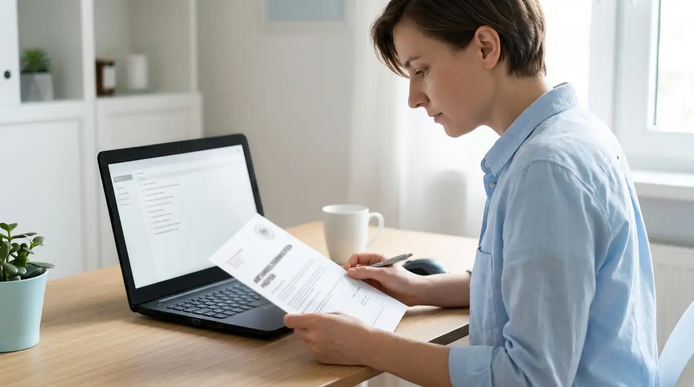Person am Schreibtisch prüft ein offizielles Dokument neben einem Laptop mit Listenansicht