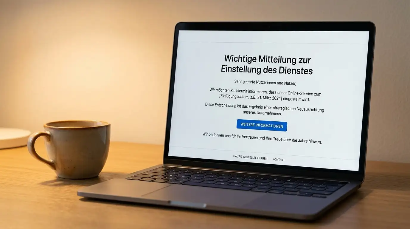 Offizielle Mitteilung über Einstellung eines Zahlungsdienstes auf Laptop-Bildschirm