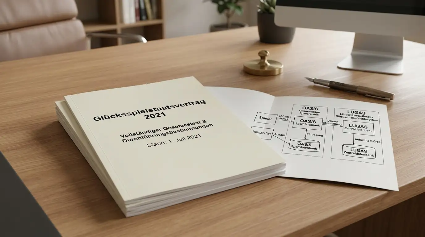 Gedrucktes Dokument Glücksspielstaatsvertrag 2021 mit OASIS- und LUGAS-Diagramm auf aufgeräumtem Schreibtisch