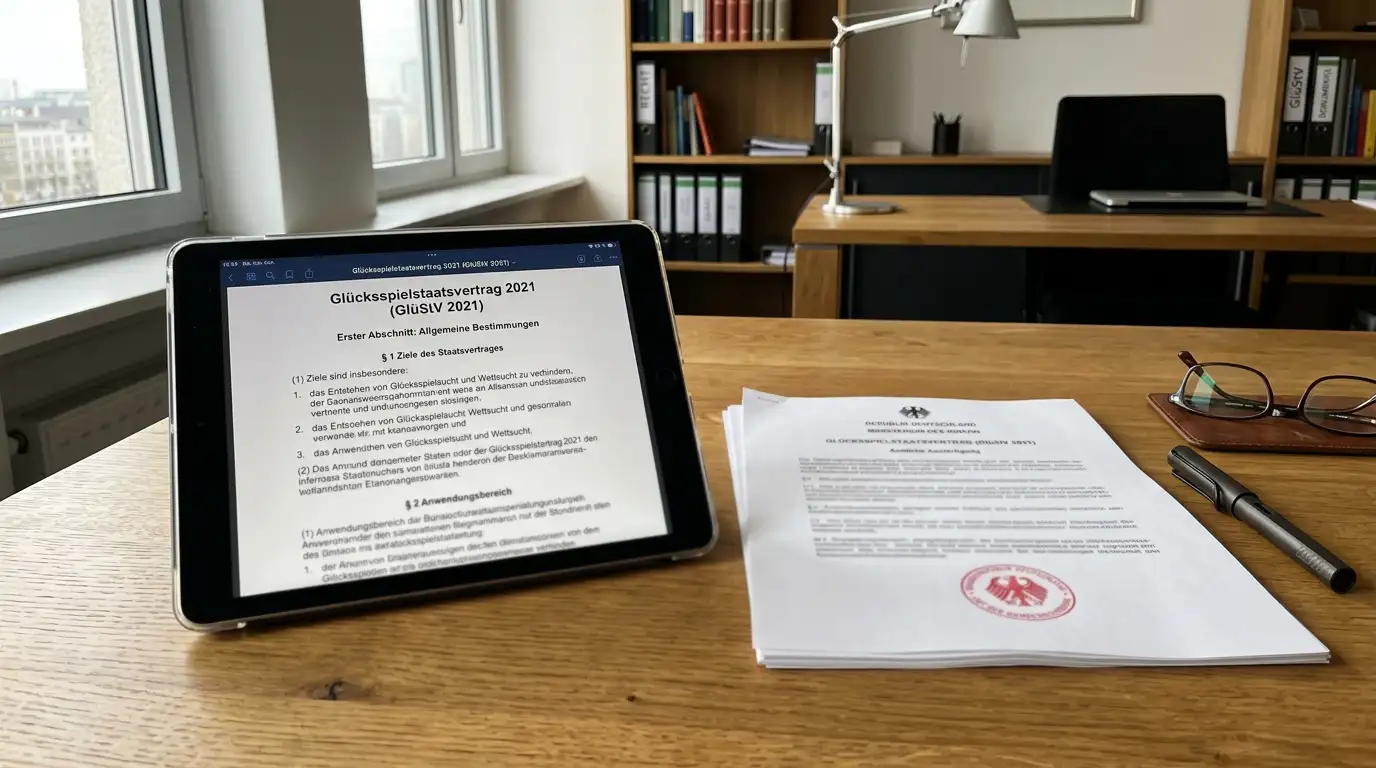 Gesetzestext des GlüStV 2021 auf einem Tablet neben dem GGL-Logo