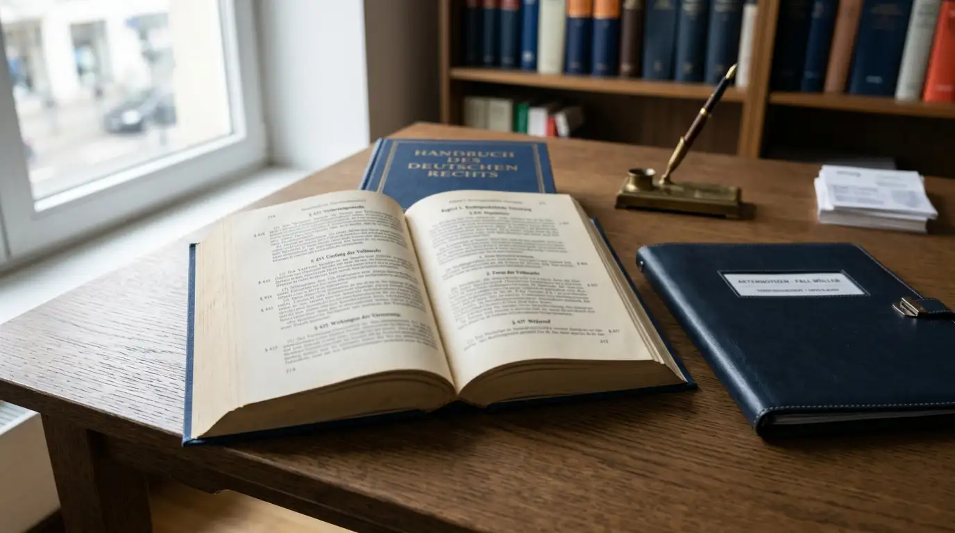 Aufgeschlagenes Gesetzbuch neben einem ruhigen Schreibtisch mit Aktenordner