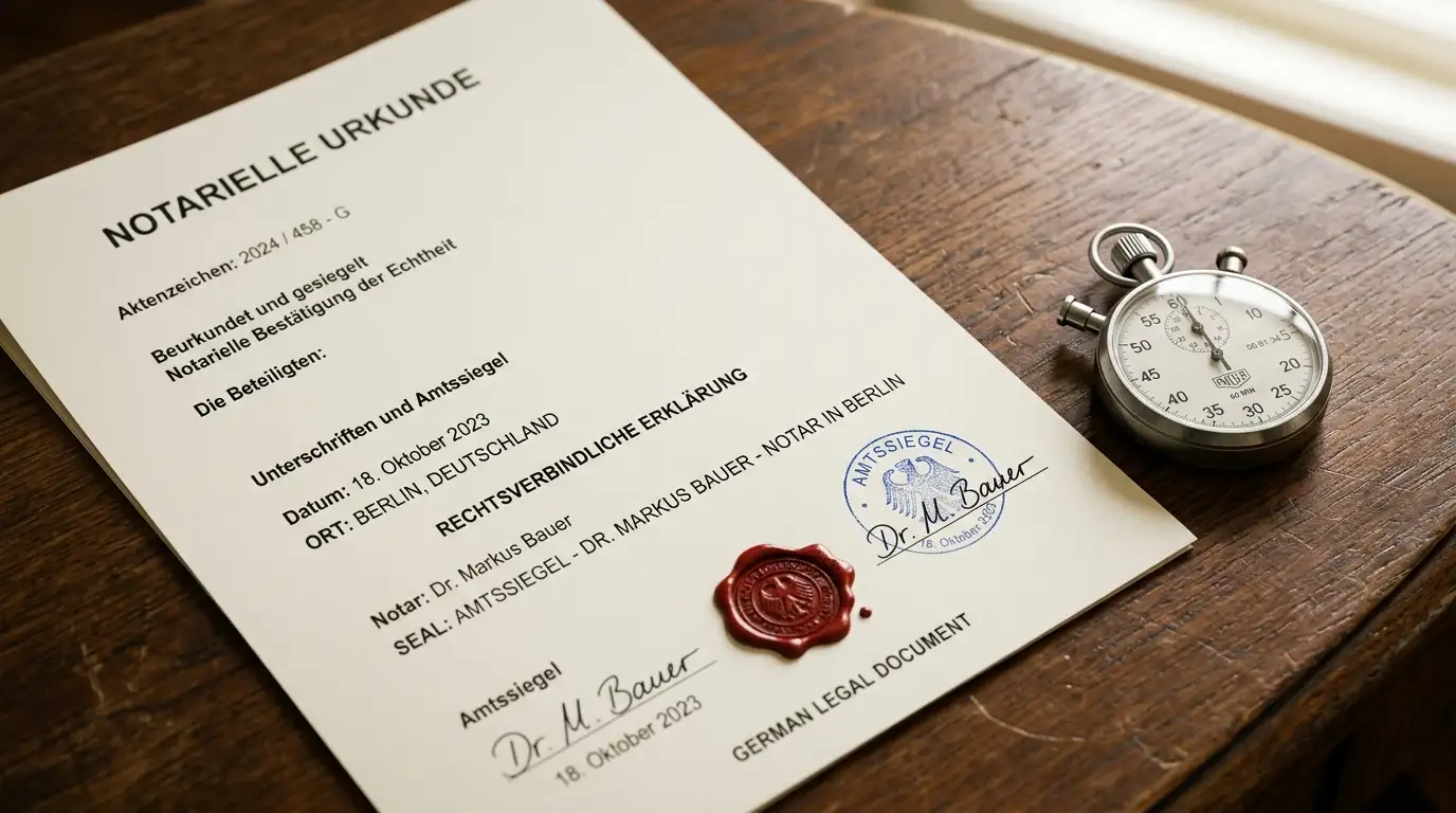 Deutsches Gesetzbuch neben einer Stoppuhr auf einem Schreibtisch mit neutralem Hintergrund