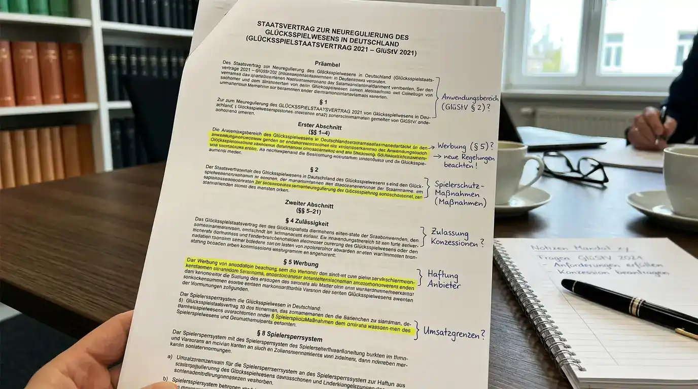 Gesetzestext Glücksspielstaatsvertrag 2021 mit Markierungen und Notizen