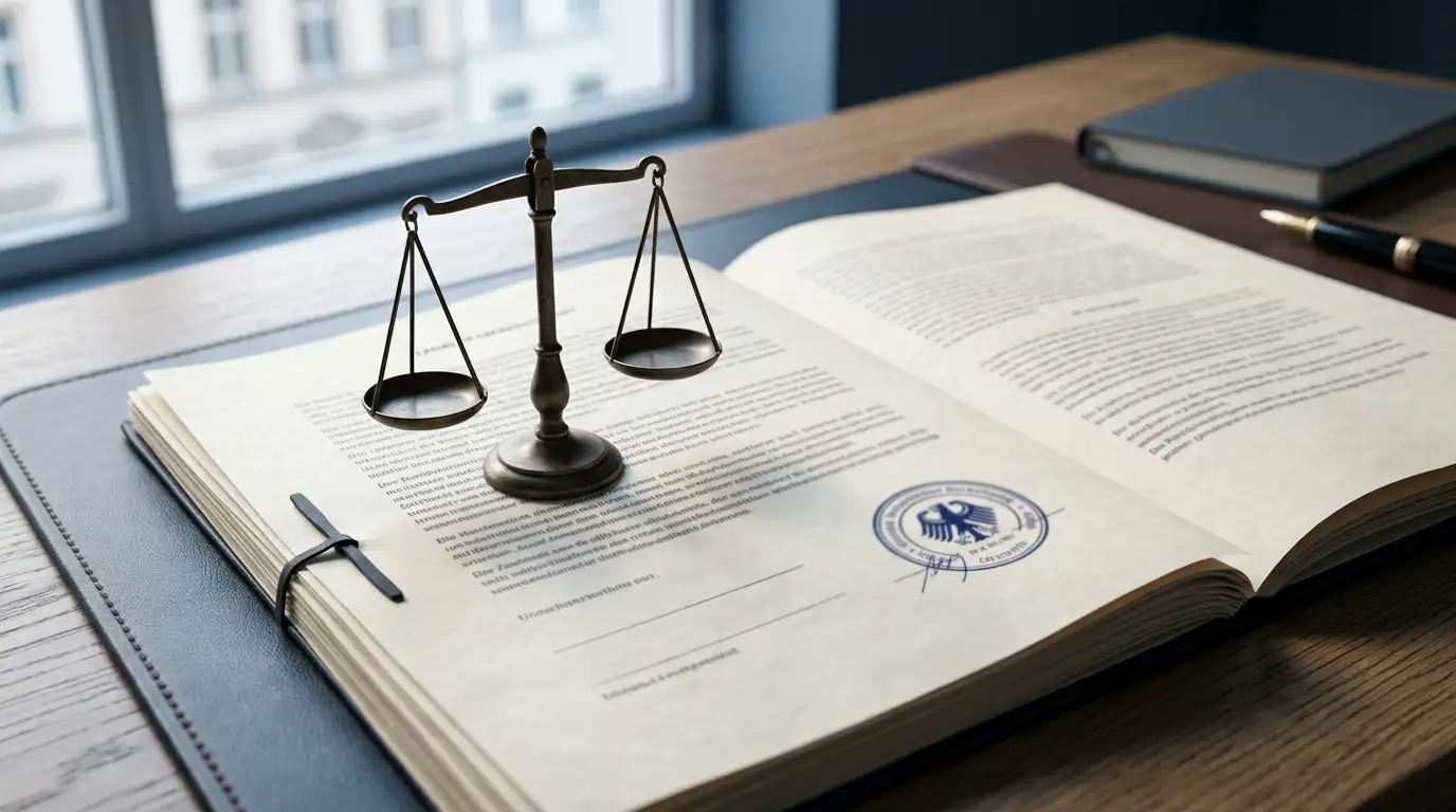 Rechtsdokument mit Stempel und Waage-Symbol auf dem Schreibtisch