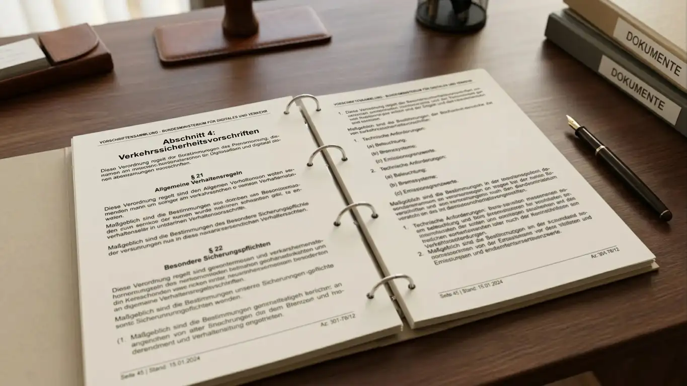 Geordneter Schreibtisch mit aufgeschlagenem Regelwerk und einem Kugelschreiber neben dem Dokument