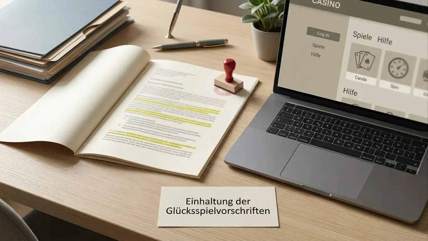 Gesetzestext des GlüStV 2021 neben einem Laptop mit Online-Casino-Oberfläche auf einem Schreibtisch