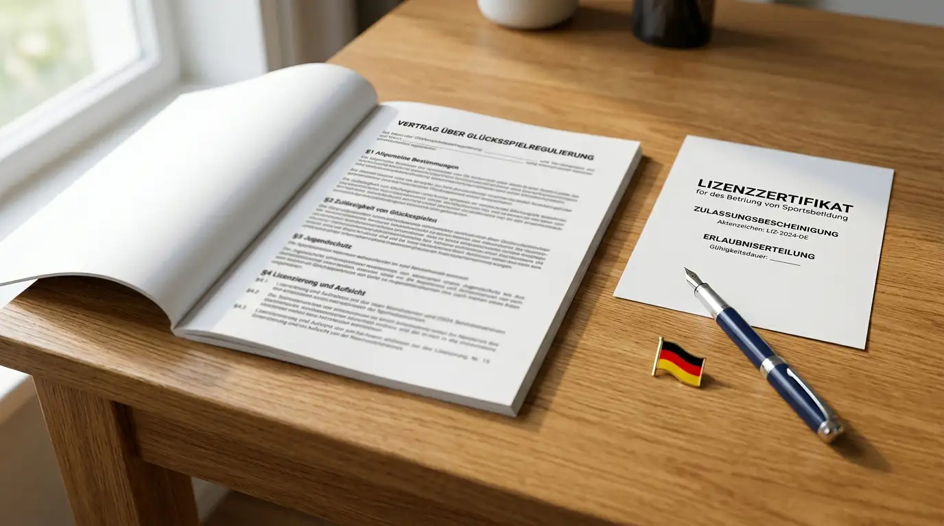 Gesetzestext des Glücksspielstaatsvertrags 2021 auf einem Schreibtisch neben einer neutralen Lizenzurkunde