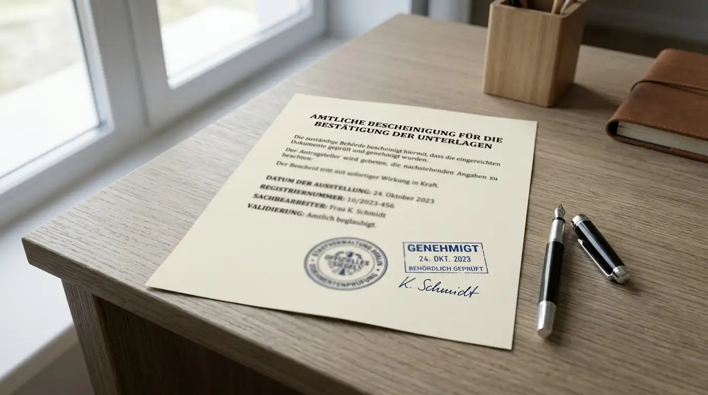 Druckdokument mit offiziellem Siegel und Stempel auf einem neutralen Schreibtisch ohne lesbaren Text