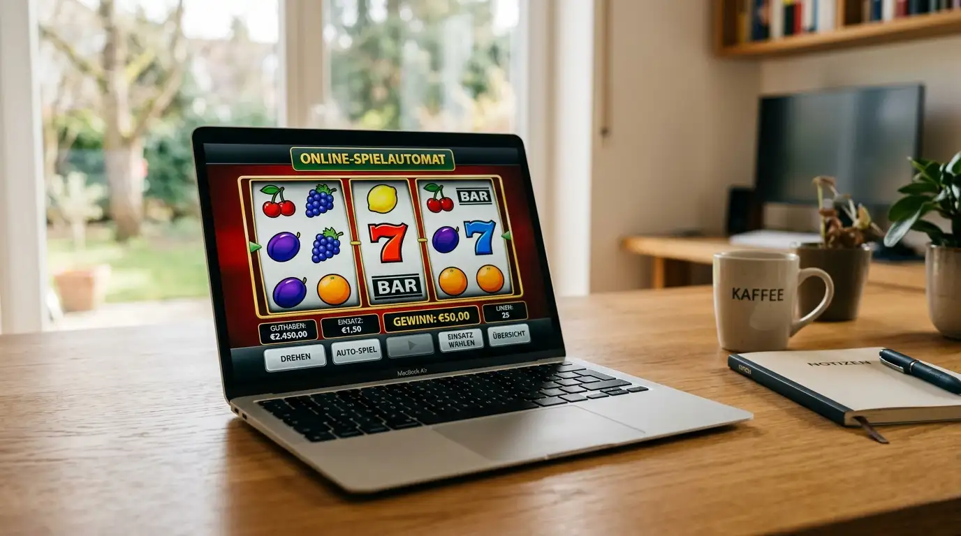 Laptop mit geöffneten Demo-Slots auf dem Bildschirm, ohne Anmeldeformular