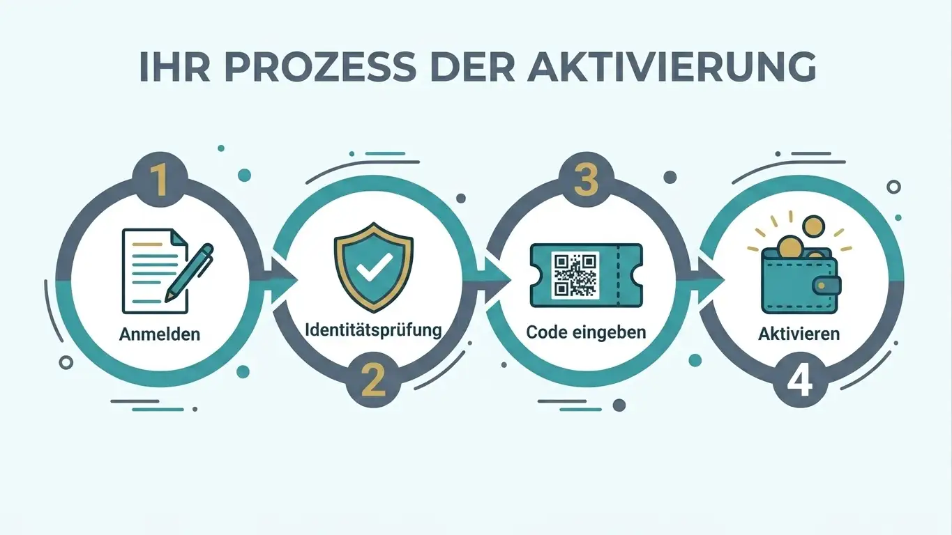 Vier nummerierte Schritte von Registrierung über Verifizierung bis zur Aktivierung eines Startguthabens