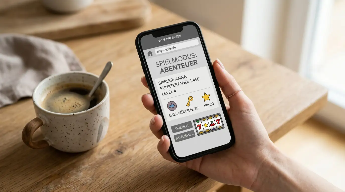 Smartphone in einer Hand mit neutraler Browser-Casino-Oberfläche, abstrakter Spielautomat im Hintergrund