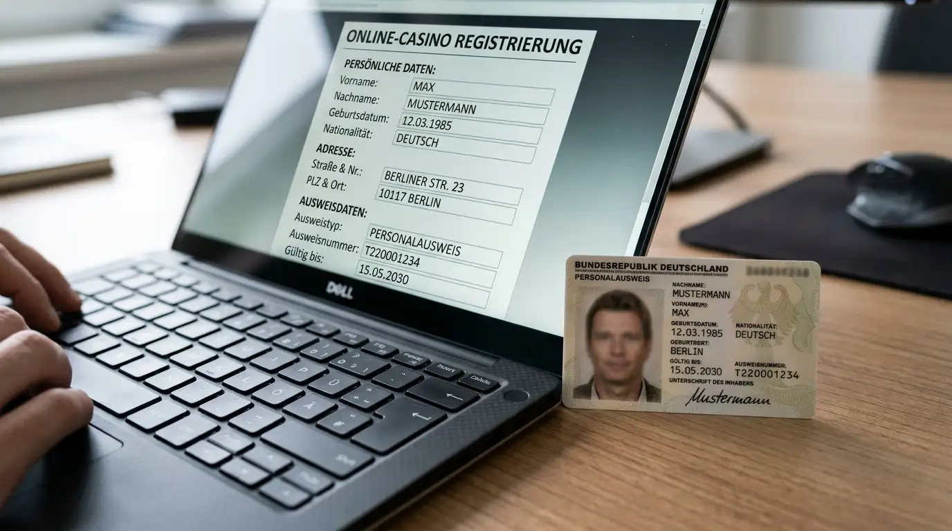 Nahaufnahme eines deutschen Personalausweises neben einem Laptop mit Casino-Registrierungsformular